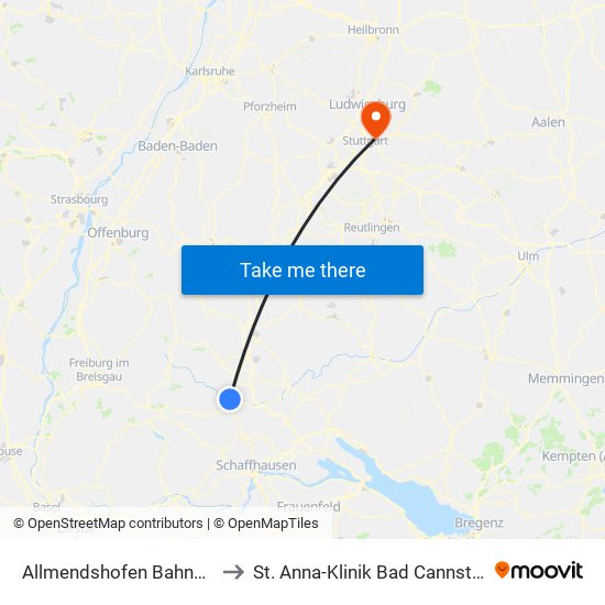 Allmendshofen Bahnhof to St. Anna-Klinik Bad Cannstatt map