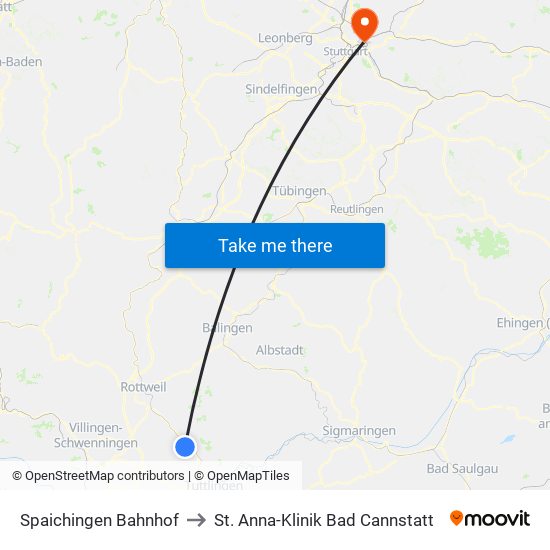 Spaichingen Bahnhof to St. Anna-Klinik Bad Cannstatt map