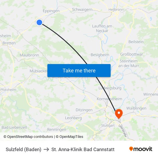 Sulzfeld (Baden) to St. Anna-Klinik Bad Cannstatt map