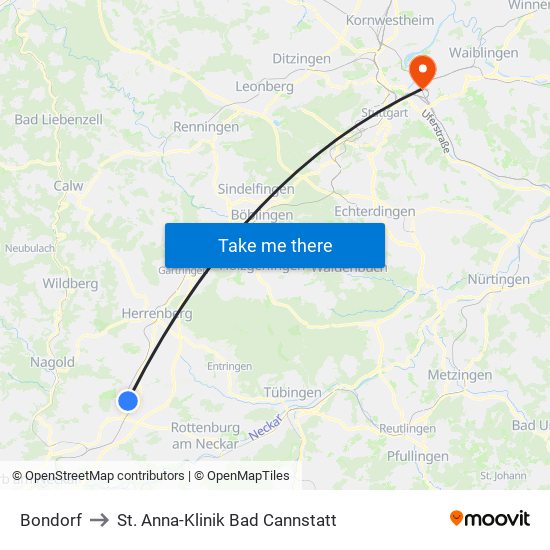 Bondorf to St. Anna-Klinik Bad Cannstatt map