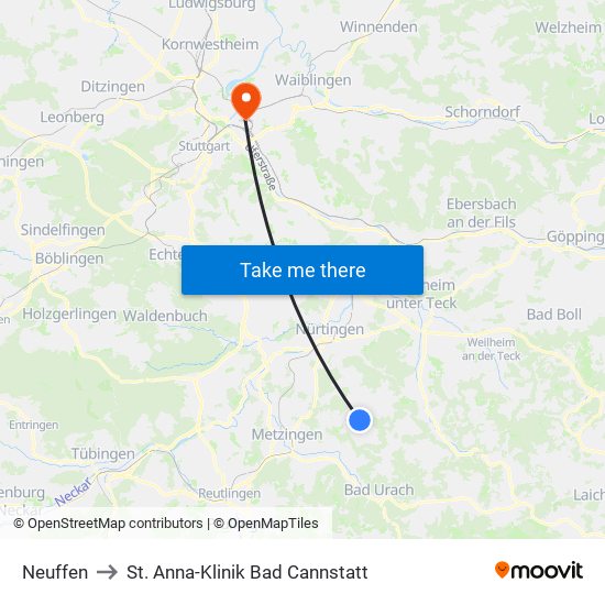 Neuffen to St. Anna-Klinik Bad Cannstatt map