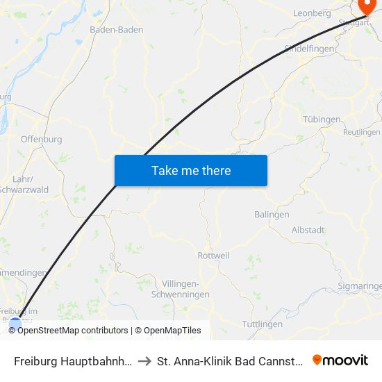 Freiburg Hauptbahnhof to St. Anna-Klinik Bad Cannstatt map