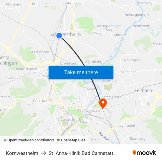 Kornwestheim to St. Anna-Klinik Bad Cannstatt map