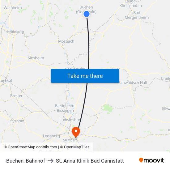 Buchen, Bahnhof to St. Anna-Klinik Bad Cannstatt map