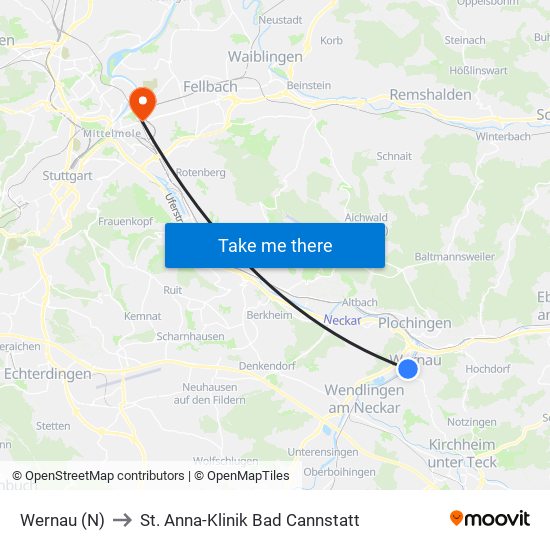 Wernau (N) to St. Anna-Klinik Bad Cannstatt map