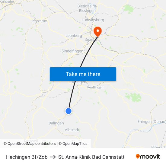 Hechingen Bf/Zob to St. Anna-Klinik Bad Cannstatt map