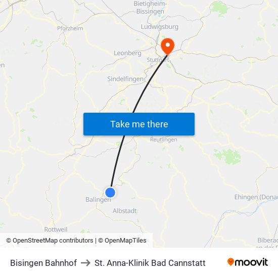 Bisingen Bahnhof to St. Anna-Klinik Bad Cannstatt map