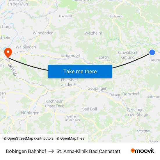 Böbingen Bahnhof to St. Anna-Klinik Bad Cannstatt map