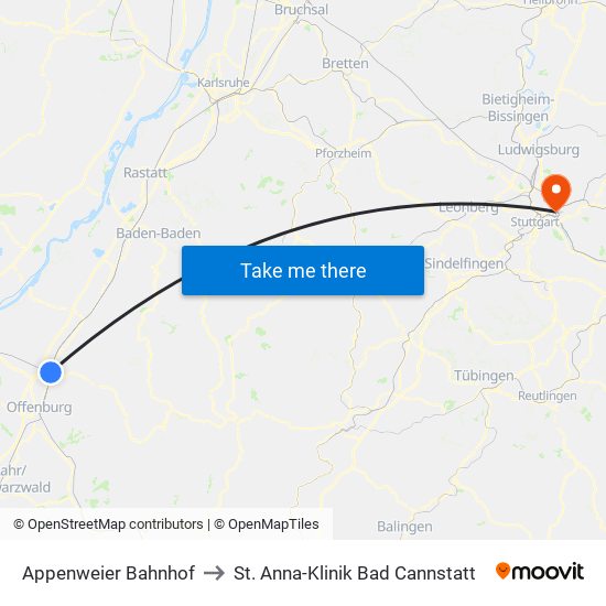 Appenweier Bahnhof to St. Anna-Klinik Bad Cannstatt map