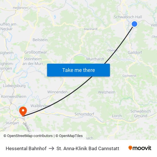 Hessental Bahnhof to St. Anna-Klinik Bad Cannstatt map