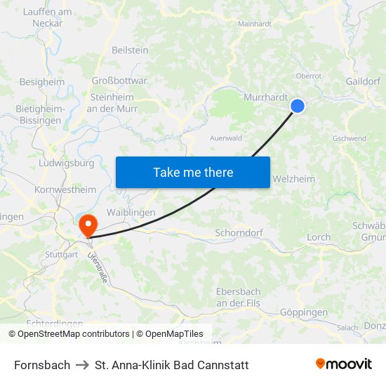 Fornsbach to St. Anna-Klinik Bad Cannstatt map