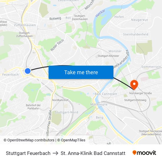 Stuttgart Feuerbach to St. Anna-Klinik Bad Cannstatt map