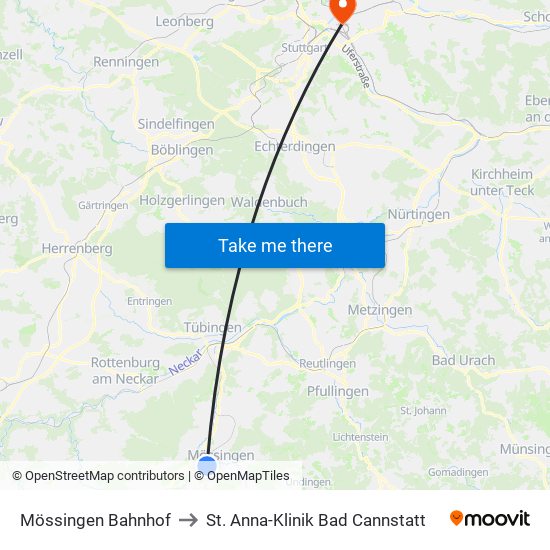 Mössingen Bahnhof to St. Anna-Klinik Bad Cannstatt map