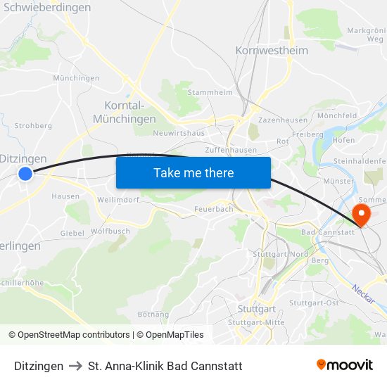 Ditzingen to St. Anna-Klinik Bad Cannstatt map