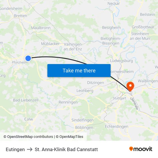 Eutingen to St. Anna-Klinik Bad Cannstatt map