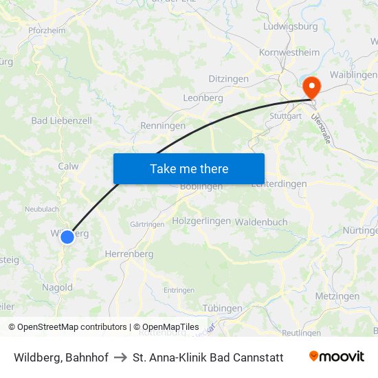 Wildberg, Bahnhof to St. Anna-Klinik Bad Cannstatt map