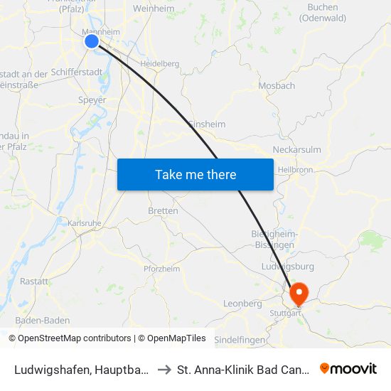 Ludwigshafen, Hauptbahnhof to St. Anna-Klinik Bad Cannstatt map