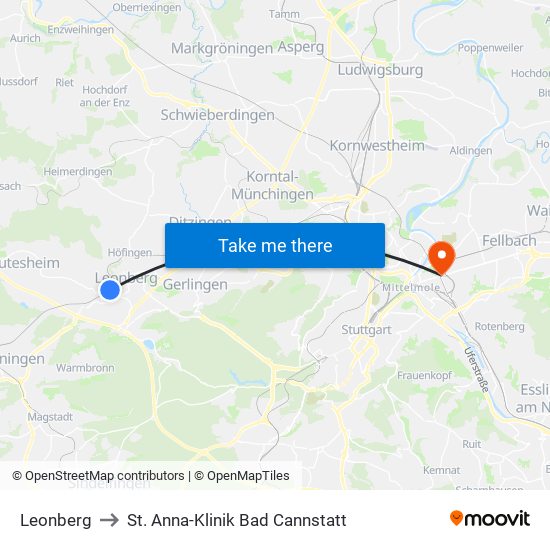 Leonberg to St. Anna-Klinik Bad Cannstatt map