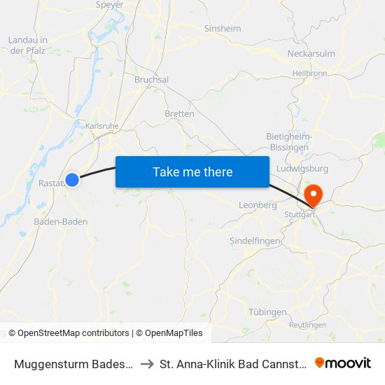 Muggensturm Badesee to St. Anna-Klinik Bad Cannstatt map