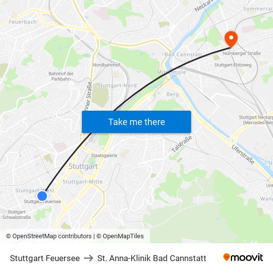 Stuttgart Feuersee to St. Anna-Klinik Bad Cannstatt map