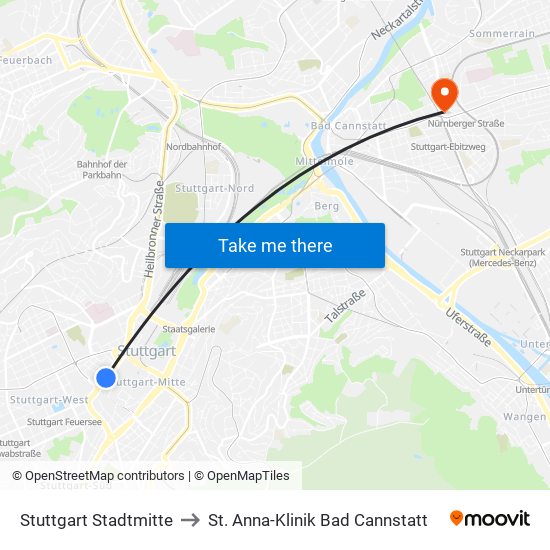 Stuttgart Stadtmitte to St. Anna-Klinik Bad Cannstatt map