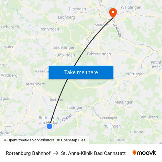 Rottenburg Bahnhof to St. Anna-Klinik Bad Cannstatt map