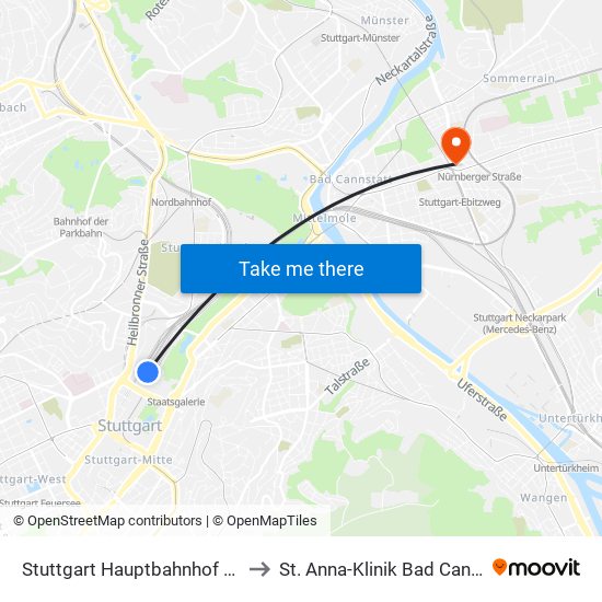 Stuttgart Hauptbahnhof (Oben) to St. Anna-Klinik Bad Cannstatt map