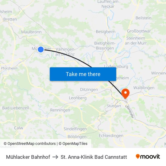 Mühlacker Bahnhof to St. Anna-Klinik Bad Cannstatt map
