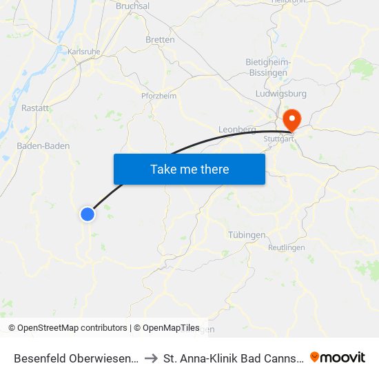 Besenfeld Oberwiesenhof to St. Anna-Klinik Bad Cannstatt map