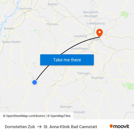 Dornstetten Zob to St. Anna-Klinik Bad Cannstatt map