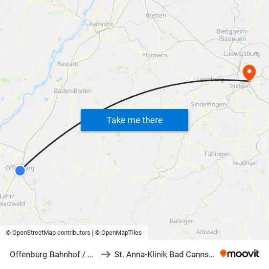Offenburg Bahnhof / Zob to St. Anna-Klinik Bad Cannstatt map
