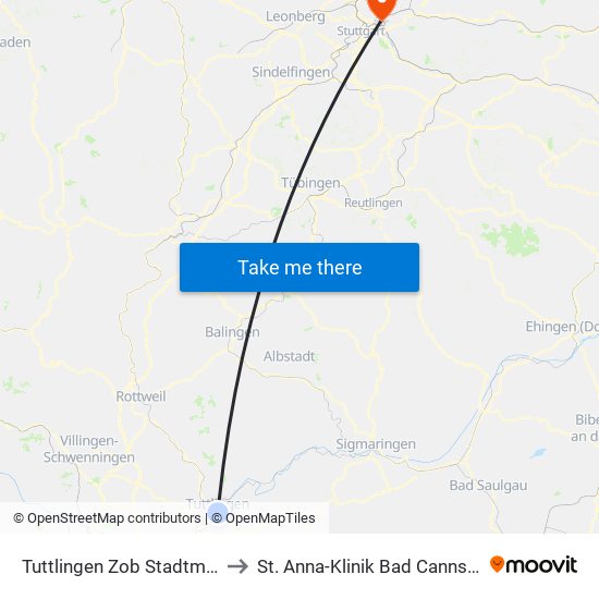 Tuttlingen Zob Stadtmitte to St. Anna-Klinik Bad Cannstatt map
