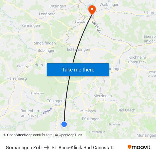 Gomaringen Zob to St. Anna-Klinik Bad Cannstatt map