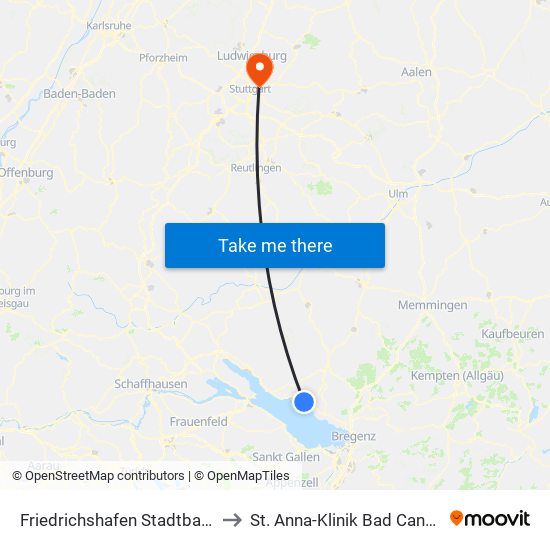 Friedrichshafen Stadtbahnhof to St. Anna-Klinik Bad Cannstatt map