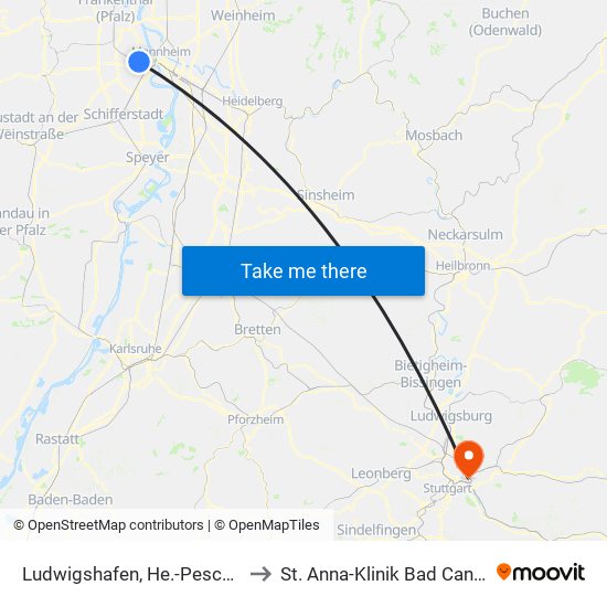 Ludwigshafen, He.-Pesch-Haus to St. Anna-Klinik Bad Cannstatt map