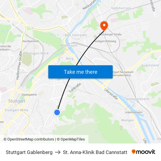 Stuttgart Gablenberg to St. Anna-Klinik Bad Cannstatt map