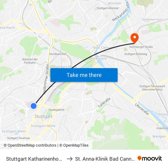 Stuttgart Katharinenhospital to St. Anna-Klinik Bad Cannstatt map