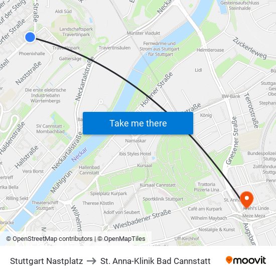 Stuttgart Nastplatz to St. Anna-Klinik Bad Cannstatt map