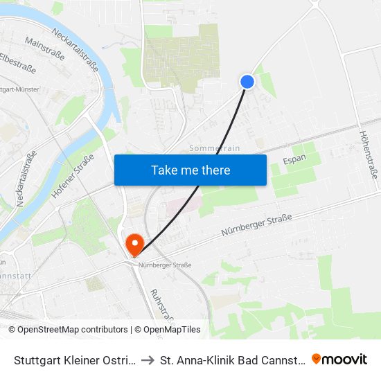 Stuttgart Kleiner Ostring to St. Anna-Klinik Bad Cannstatt map
