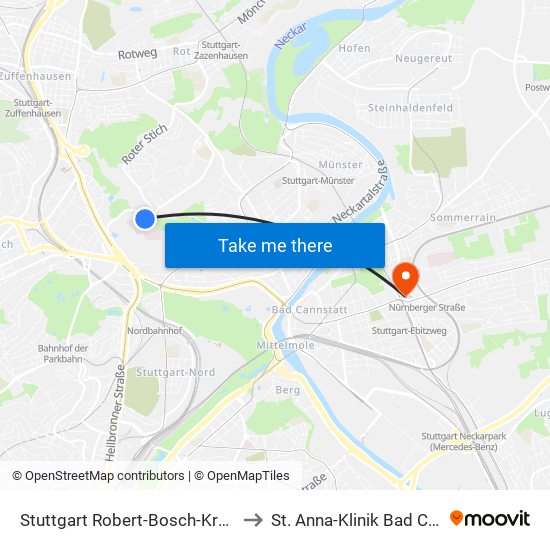 Stuttgart Robert-Bosch-Krankenhaus to St. Anna-Klinik Bad Cannstatt map