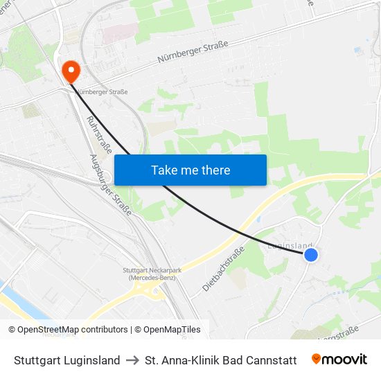 Stuttgart Luginsland to St. Anna-Klinik Bad Cannstatt map