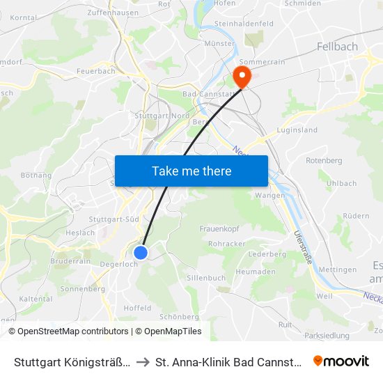 Stuttgart Königsträßle to St. Anna-Klinik Bad Cannstatt map