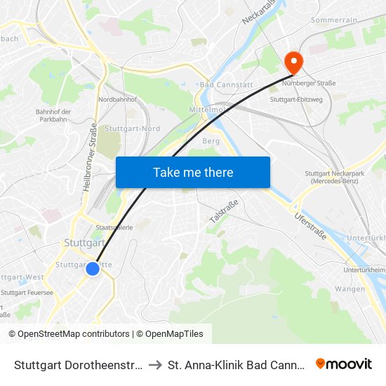 Stuttgart Dorotheenstraße to St. Anna-Klinik Bad Cannstatt map