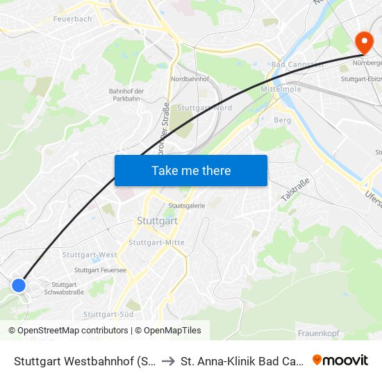 Stuttgart Westbahnhof (Schleife) to St. Anna-Klinik Bad Cannstatt map