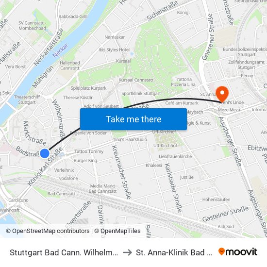 Stuttgart Bad Cann. Wilhelmspl.(Badstr.) to St. Anna-Klinik Bad Cannstatt map