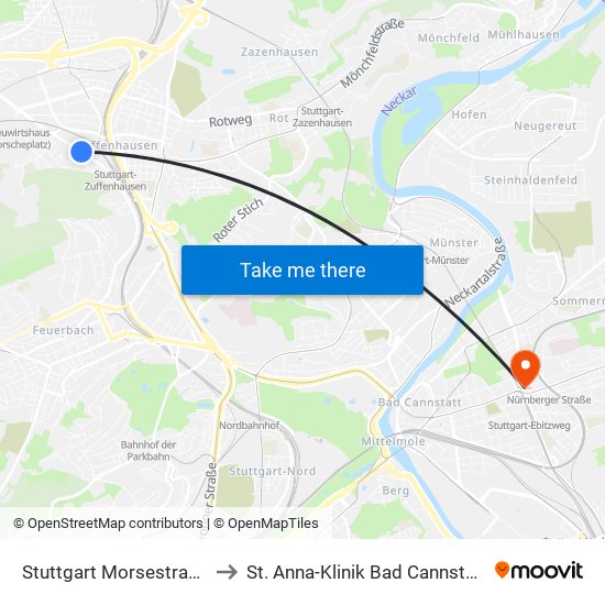 Stuttgart Morsestraße to St. Anna-Klinik Bad Cannstatt map