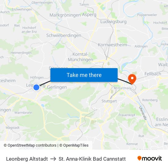 Leonberg Altstadt to St. Anna-Klinik Bad Cannstatt map