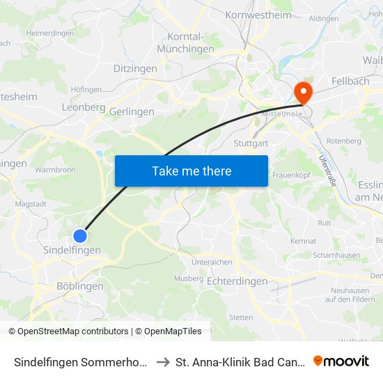 Sindelfingen Sommerhofenstr. to St. Anna-Klinik Bad Cannstatt map