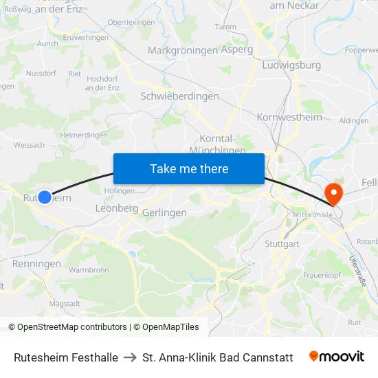 Rutesheim Festhalle to St. Anna-Klinik Bad Cannstatt map