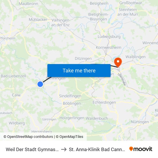 Weil Der Stadt Gymnasium to St. Anna-Klinik Bad Cannstatt map